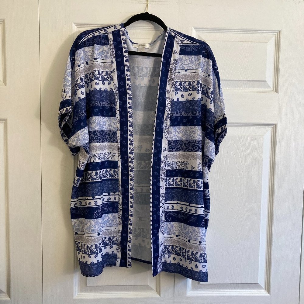CJ Banks Women's Open Front Cardigan Lightweight Blue White Plus Size 1XL